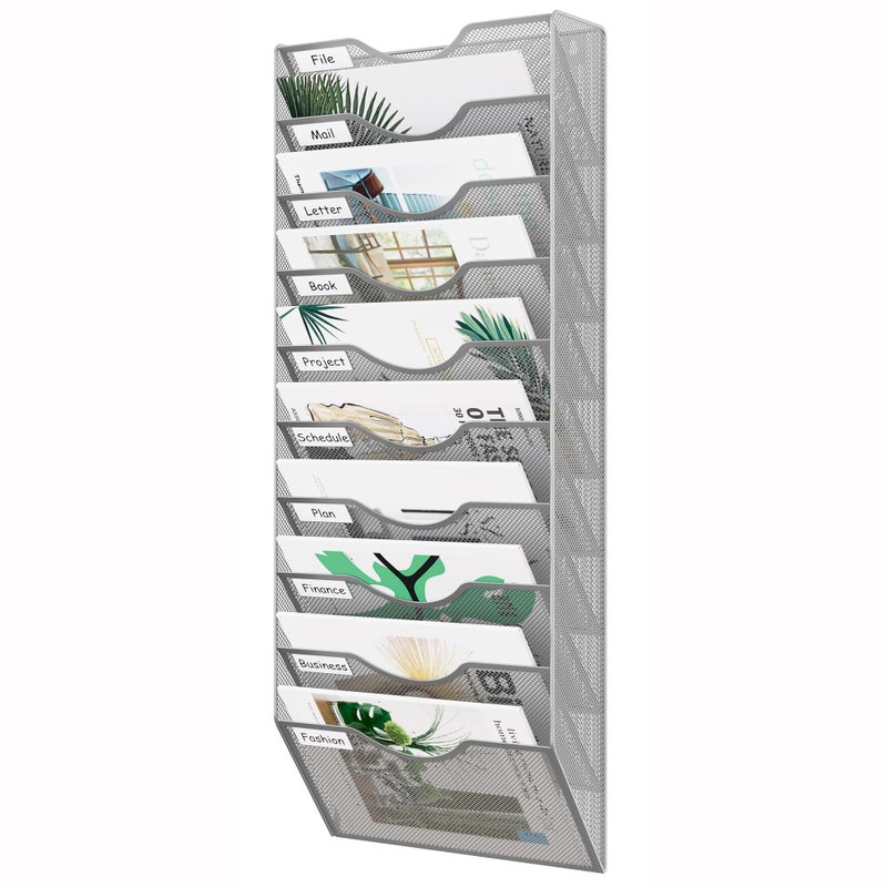 EasyPAG 10 Pocket Mesh Wall File Organizer, Hanging Paper Folder Holder with Classify Label, Vertical Wall Mount Mail Organizer for Office Home Classroom, Silver - Image 1
